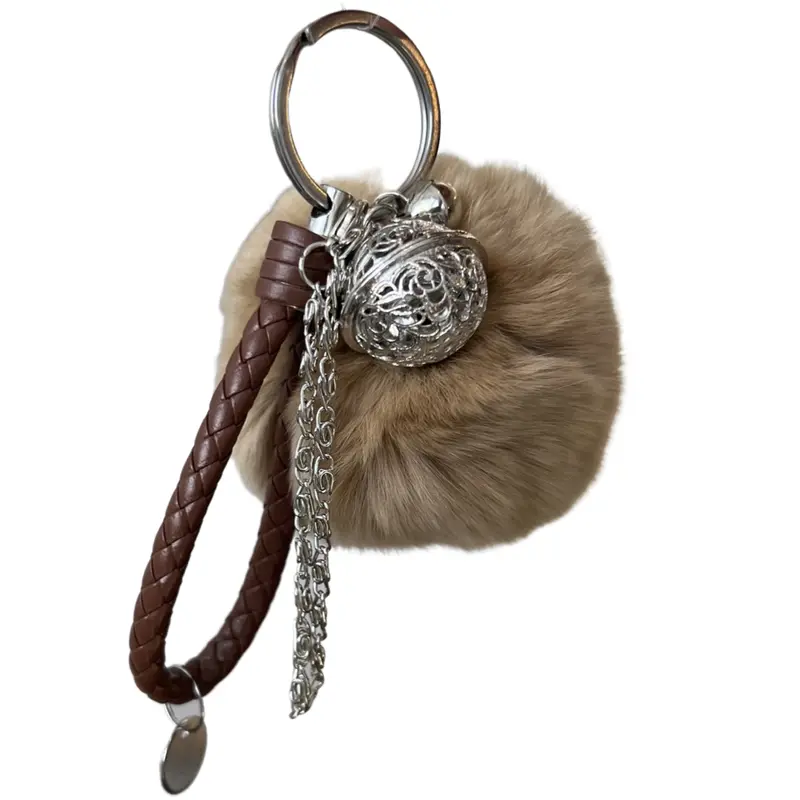 Beige Plush Pom-Pom Bag Charm Keychain 1