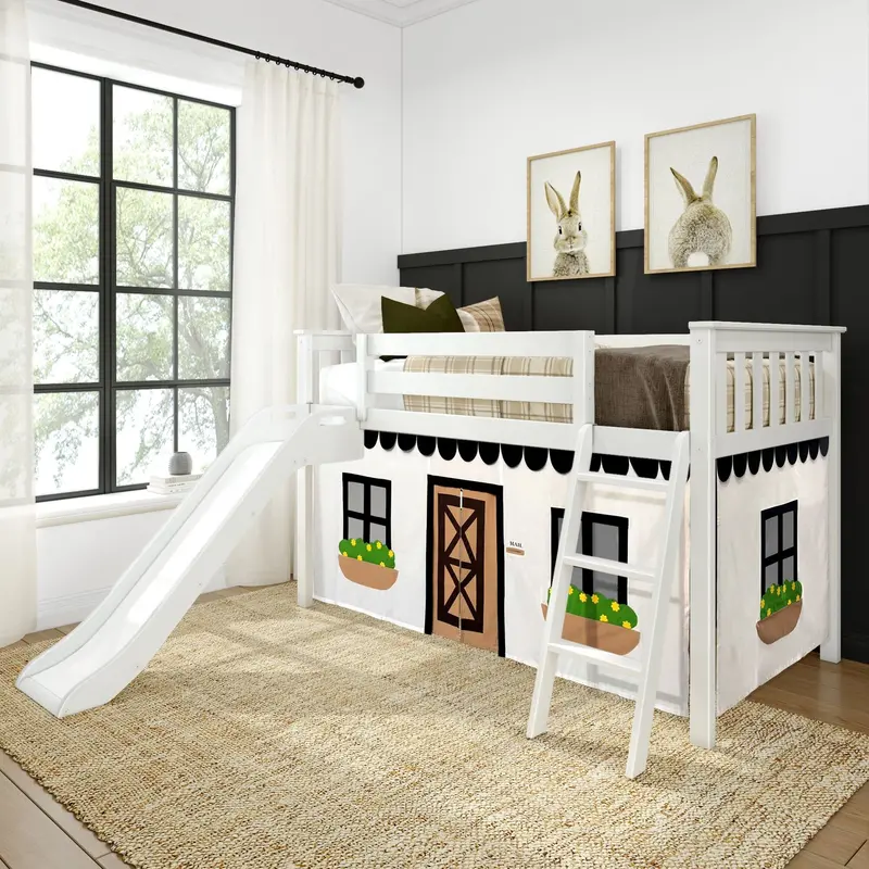Black-And-White Farmhouse Twin Low Loft Bed With Slide And Stylish Curtains 1