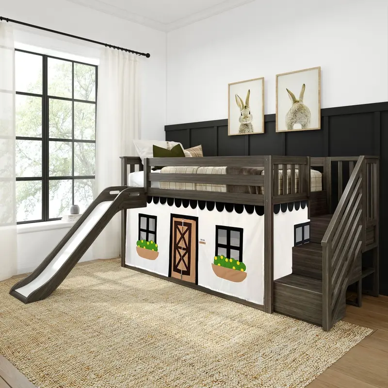 Black-And-White Farmhouse Twin Low Loft Bed With Stairs, Slide, And Coordinating Curtains 1