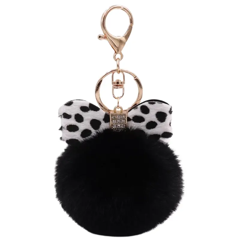 Black Bow-Topped Pom-Pom Bag Keychain With Rhinestones 1