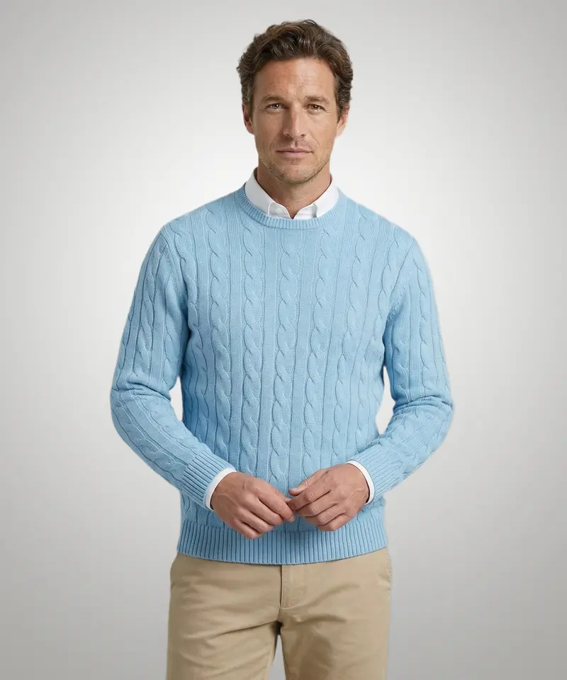 Cable-Knit Cotton Crewneck Sweater – Capri Blue 1