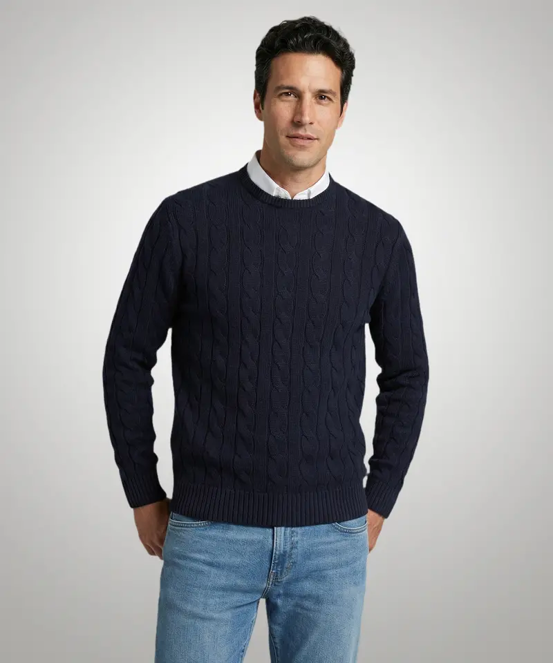 Cable-Knit Cotton Crewneck Sweater – Classic Navy 1