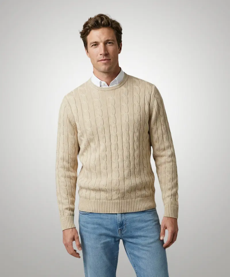 Cable-Knit Cotton Crewneck Sweater – Warm Sand 1