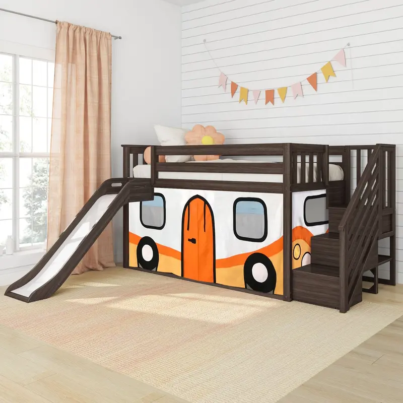 Camper Van–Inspired Twin Low Loft Bed With Stairs, Slide, And Themed Curtains 1