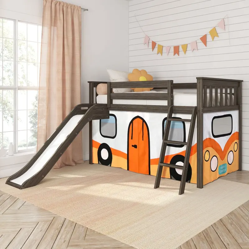 Camper Van–Themed Twin Low Loft Bed With Slide And Fun-Focused Curtains 1