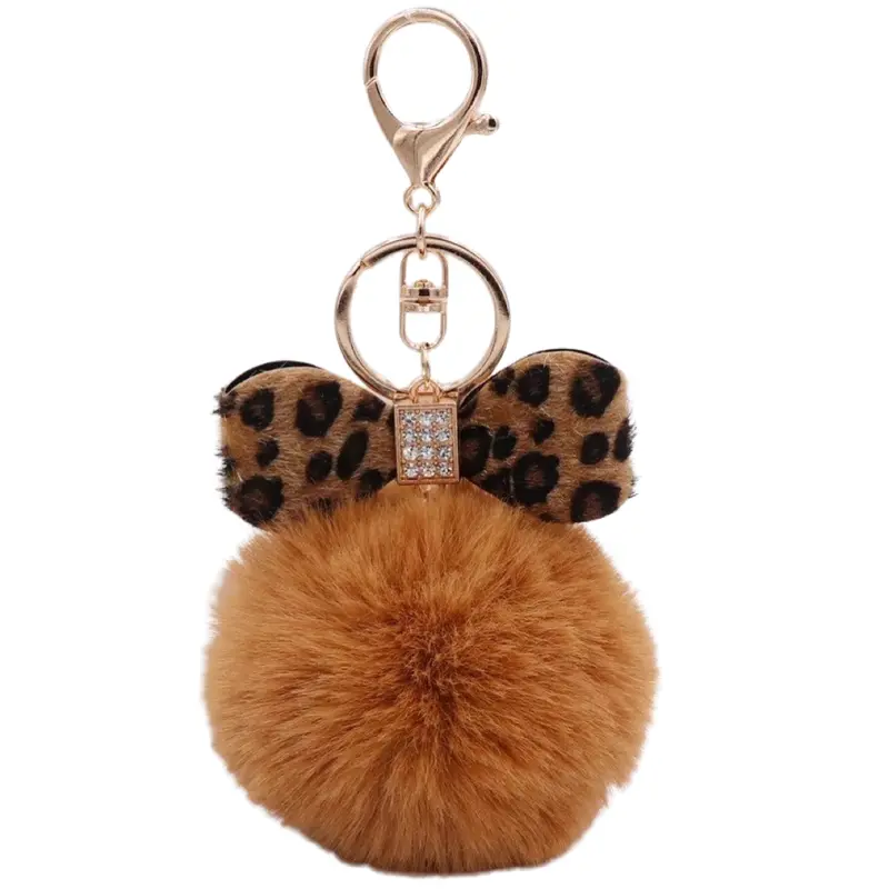 Cognac Bow-Topped Pom-Pom Bag Keychain With Rhinestones 1