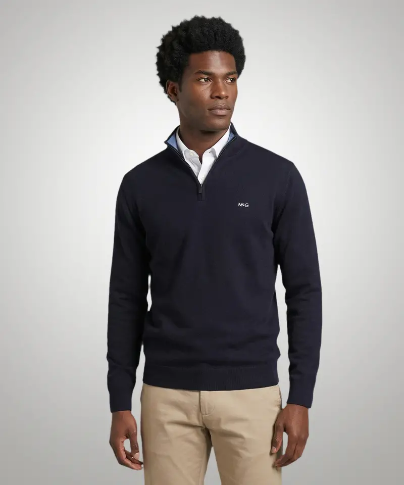 Cotton-Cashmere Half-Zip Sweater – Navy Blue 1