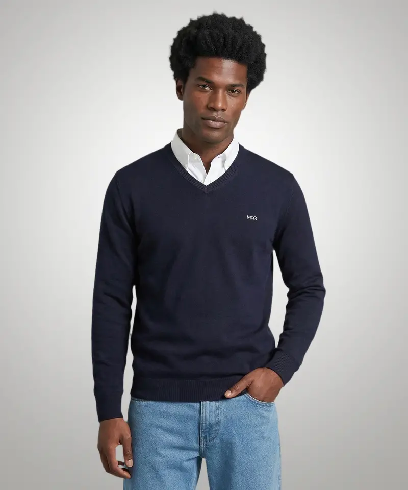 Cotton-Cashmere V-Neck Sweater – Navy 1