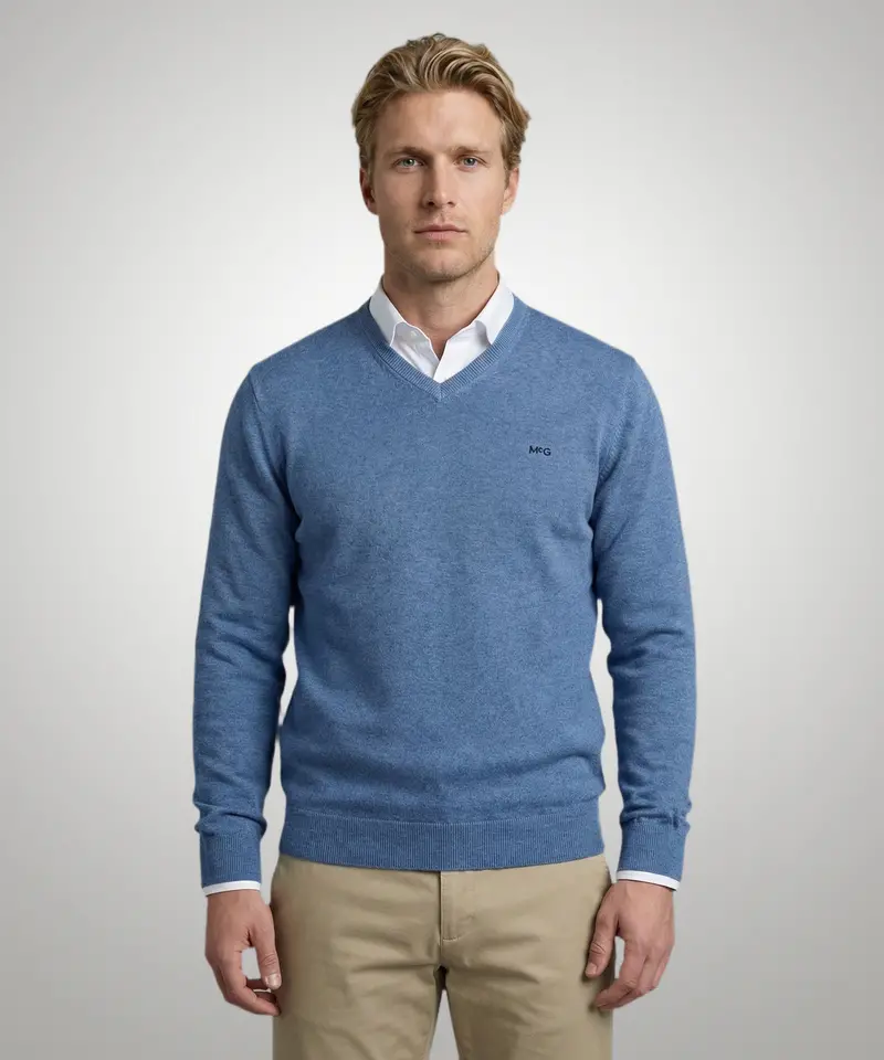 Cotton-Cashmere V-Neck Sweater – Retro Vintage Blue 1