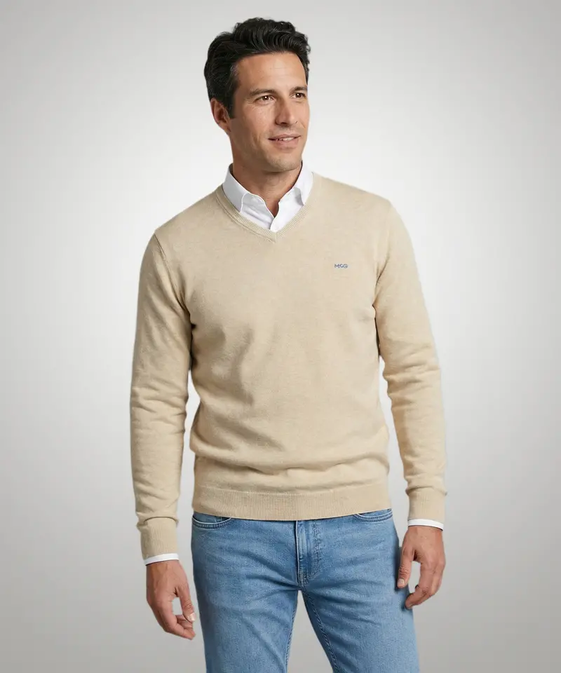 Cotton-Cashmere V-Neck Sweater – Warm Sand 1