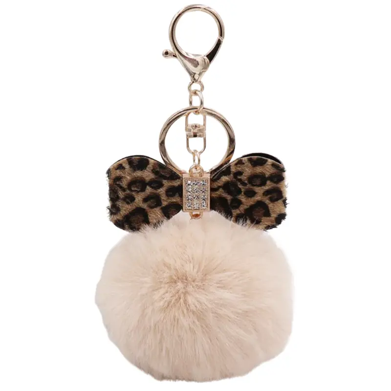 Cream Bow-Topped Pom-Pom Bag Keychain With Rhinestones 1