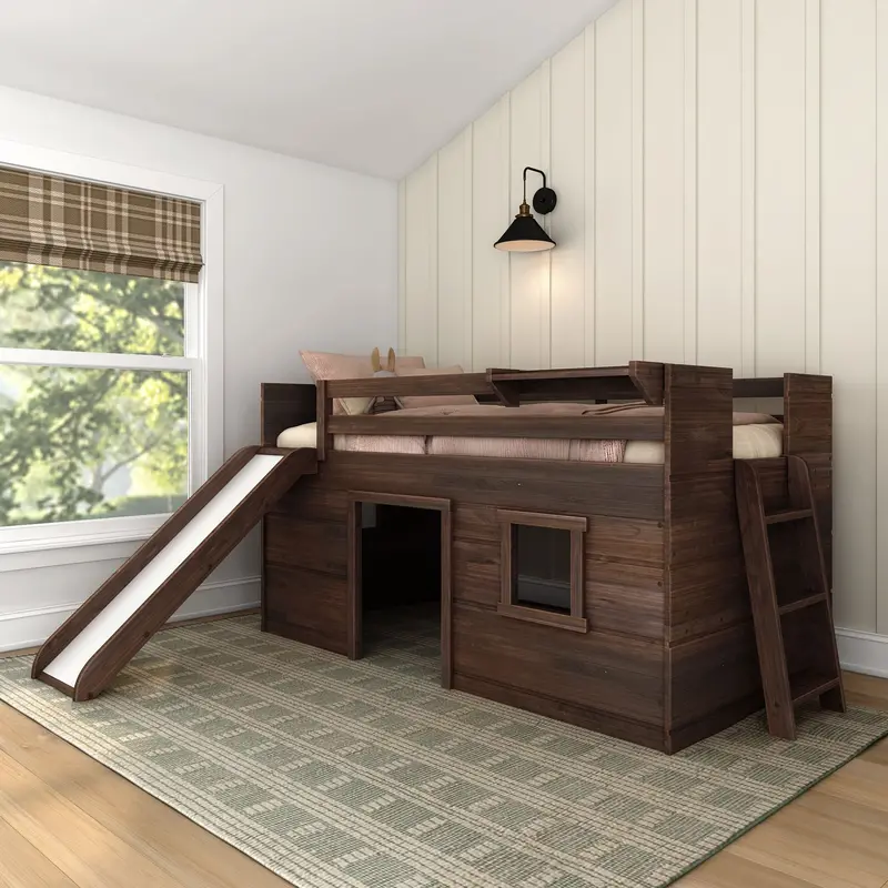 Farmhouse Twin Low Loft Bed With Built-In Slide And Safety Rails 1