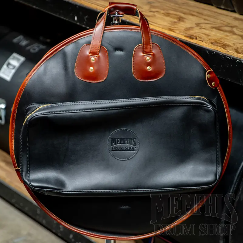 Glenn Cronkhite 22" Smooth Black Leather Cymbal Bag – Canyon Sunrise Accent Trim 1