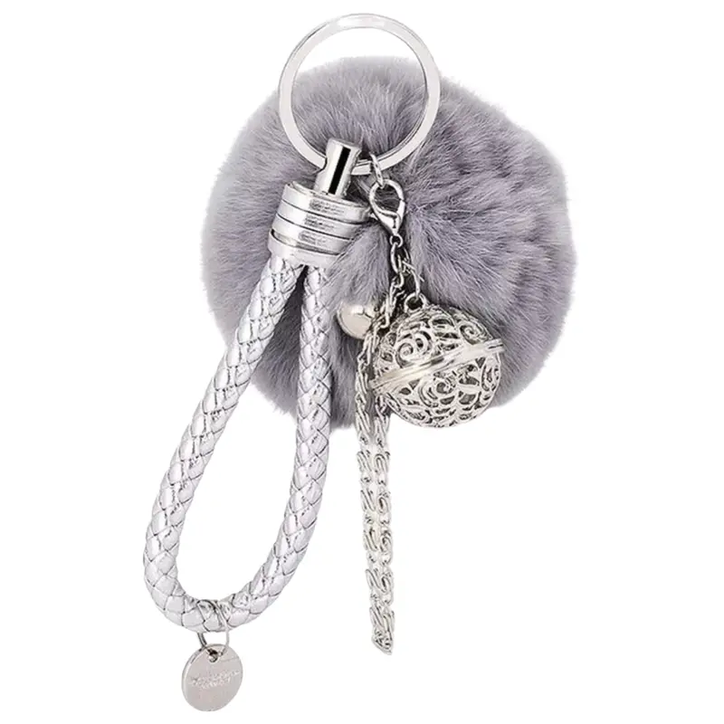 Gray Plush Pom-Pom Bag Charm Keychain 1