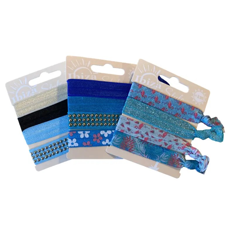 Ibiza-Style Hair Tie Bracelet Set With Blue Stud Accents And 3 Gift Cards 1