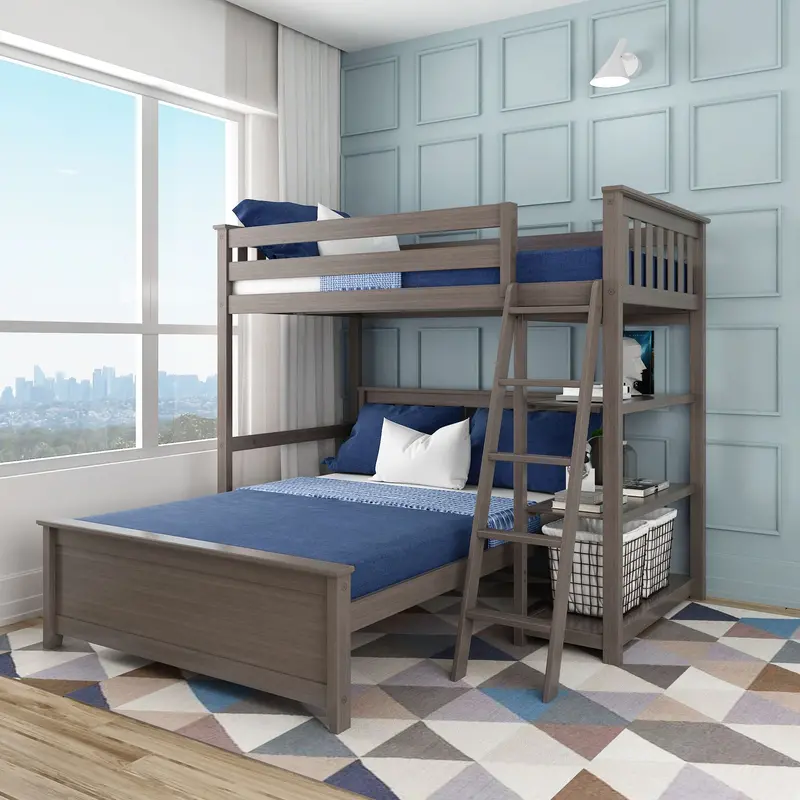 L-Shaped Twin-Over-Full Bunk Bed With Integrated Bookcase 1
