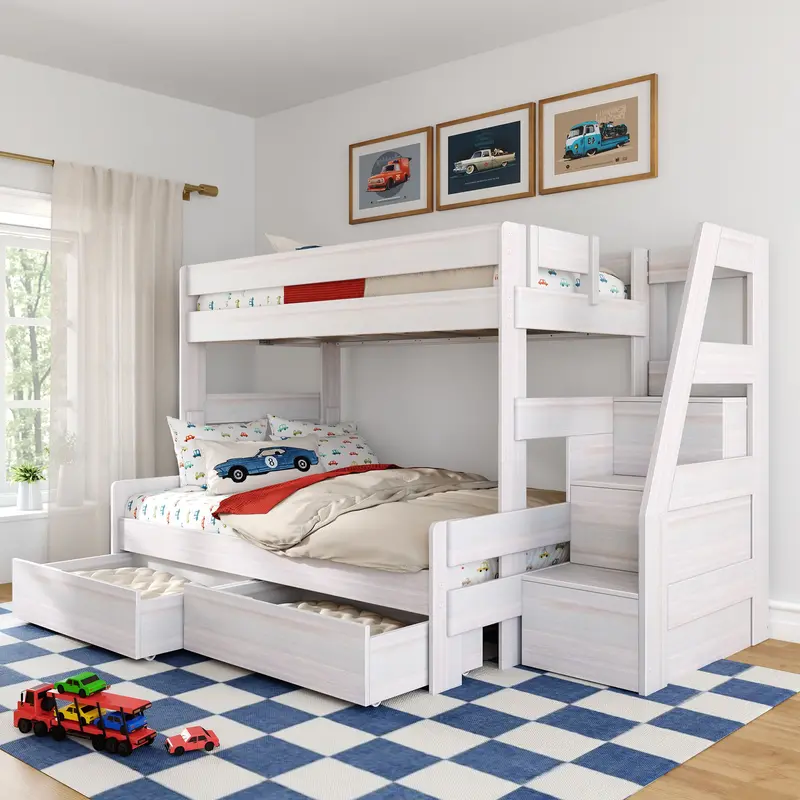 Modern Farmhouse Twin-Over-Full Bunk Bed With Stairs And Under-Bed Storage Drawers 1
