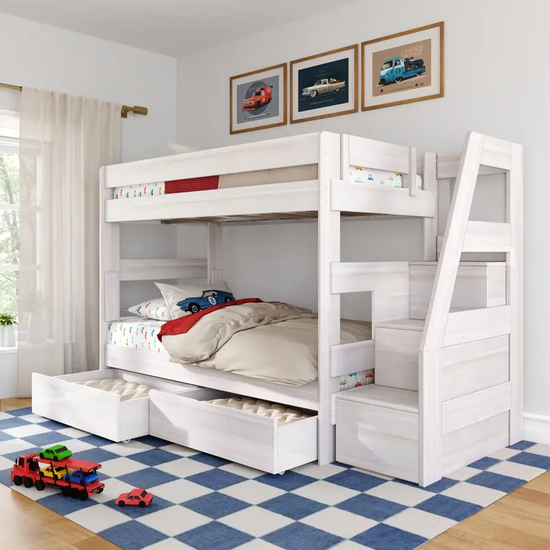 Modern Farmhouse Twin-Over-Twin Bunk Bed With Stairs And Pull-Out Storage Drawers 1