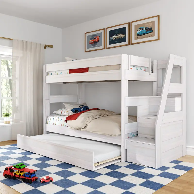 Modern Farmhouse Twin-Over-Twin Bunk Bed With Stairs And Rolling Trundle Unit 1