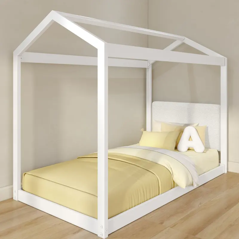 Modern Twin House Bed With Floating Wooden Headboard 1