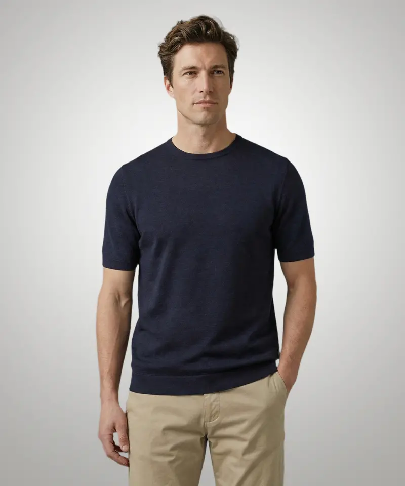 Navy Extra-Fine Merino Wool Crewneck T-Shirt 1