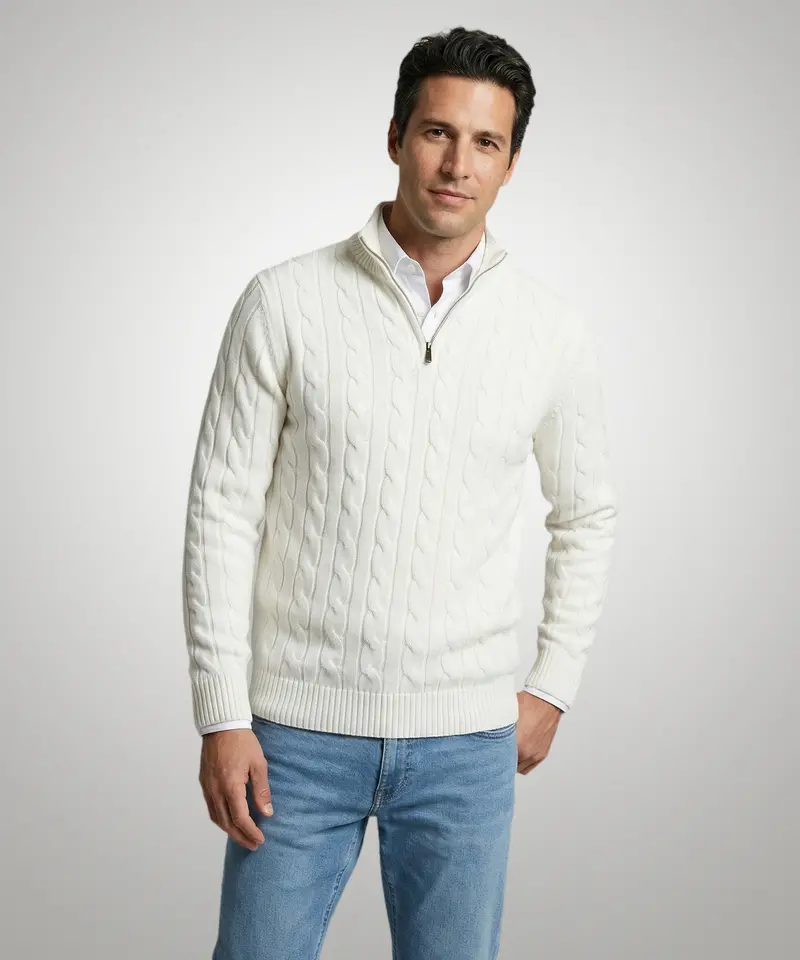 Off-White Cotton Cable-Knit Half-Zip Sweater 1