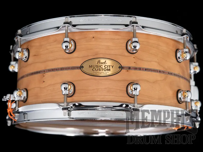 Pearl Music City Custom 14X6.5" Solid Cherry Snare Drum With Kingwood Center Inlay 1