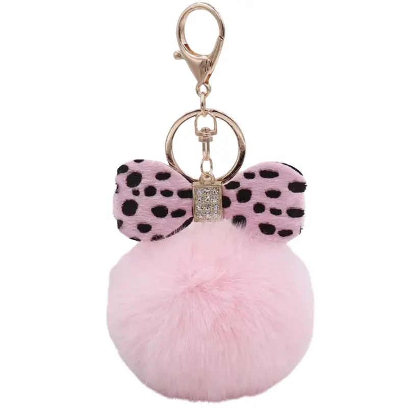 Pink Bow-Topped Pom-Pom Bag Keychain With Rhinestones 1