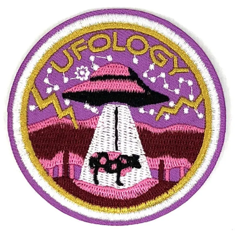Pink Ufo-Themed Iron-On Text Embroidery Patch 1