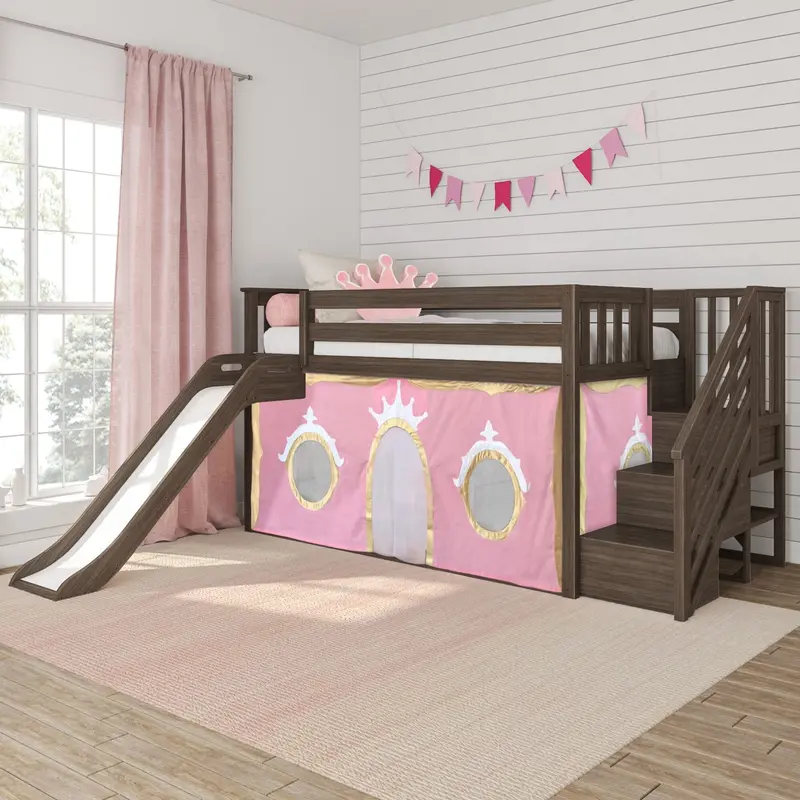 Princess-Design Twin Low Loft Bed With Stairs, Slide, And Decorative Curtains 1