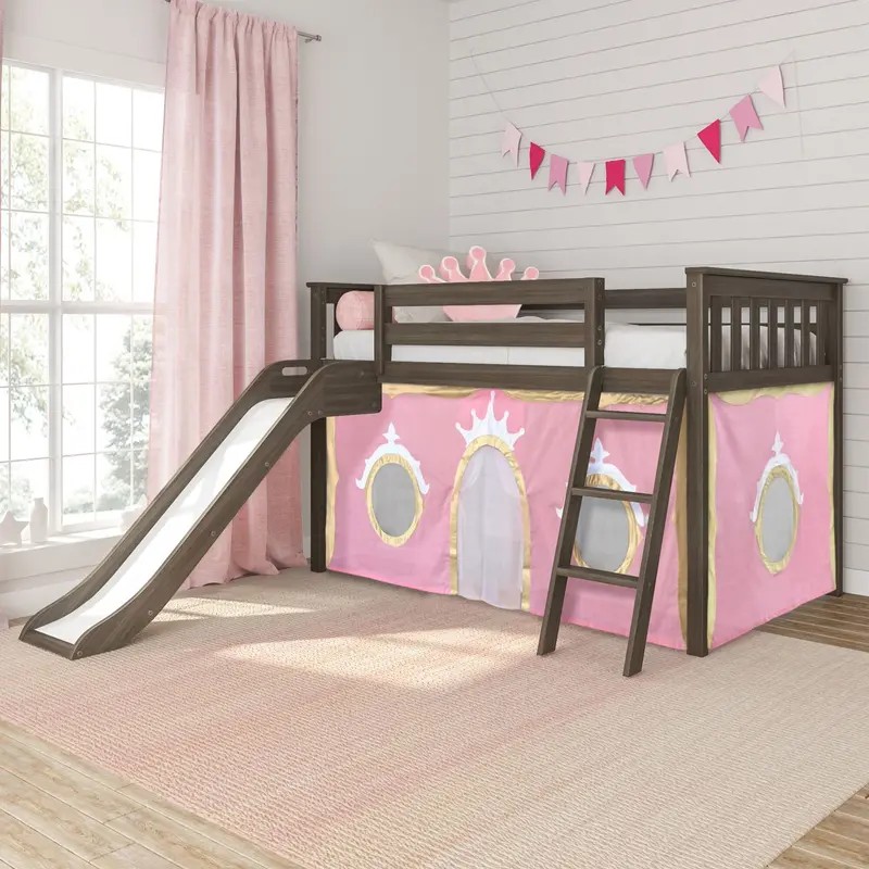 Princess-Theme Twin Low Loft Bed With Slide And Whimsical Curtains 1