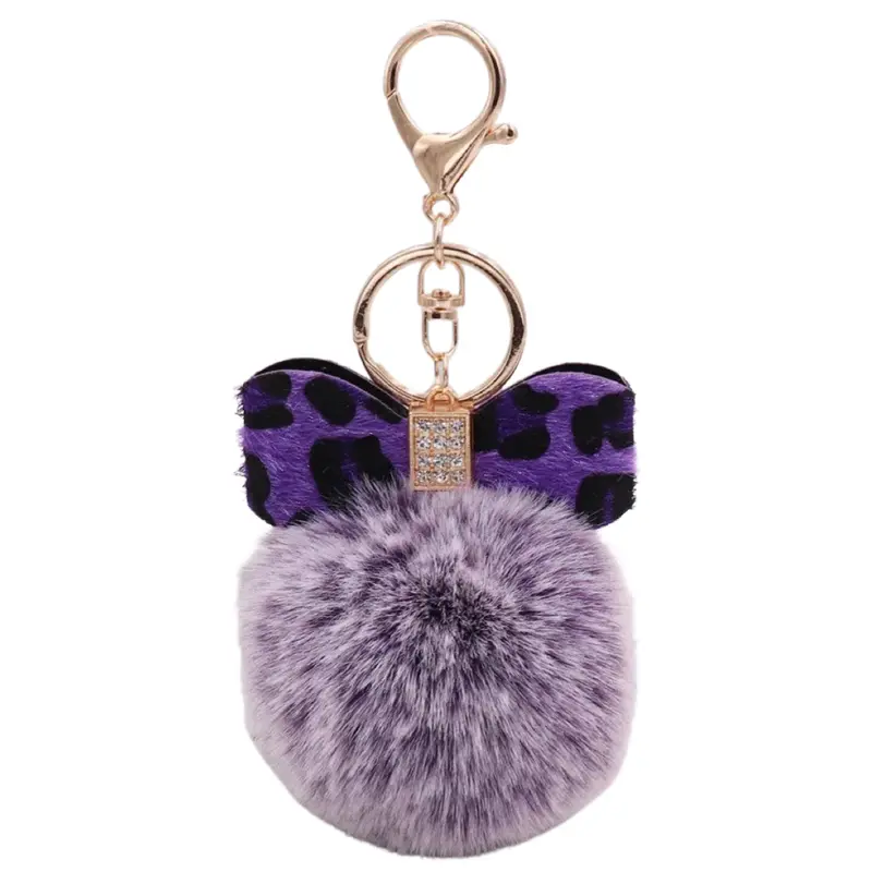 Purple Rhinestone Bow Keychain With Pom-Pom Accent 1