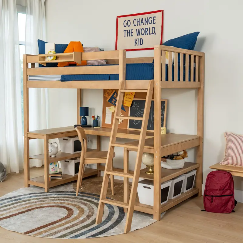 Scandinavian Twin Loft Bed Featuring Wraparound Desk And Floating Shelves 1