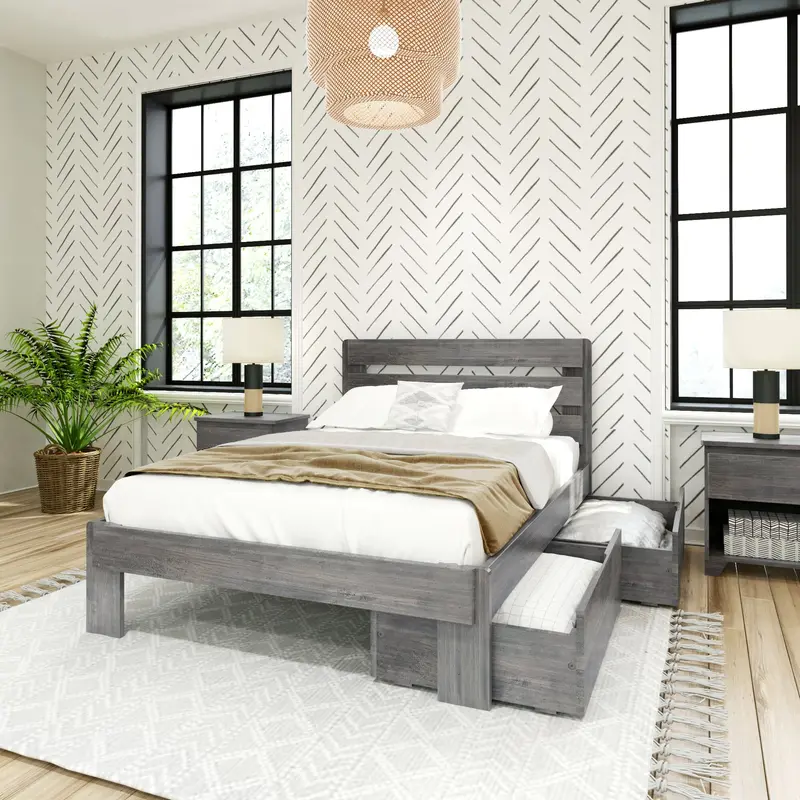 Solid Wood Full Plank Bed With Under-Bed Storage Drawers 1