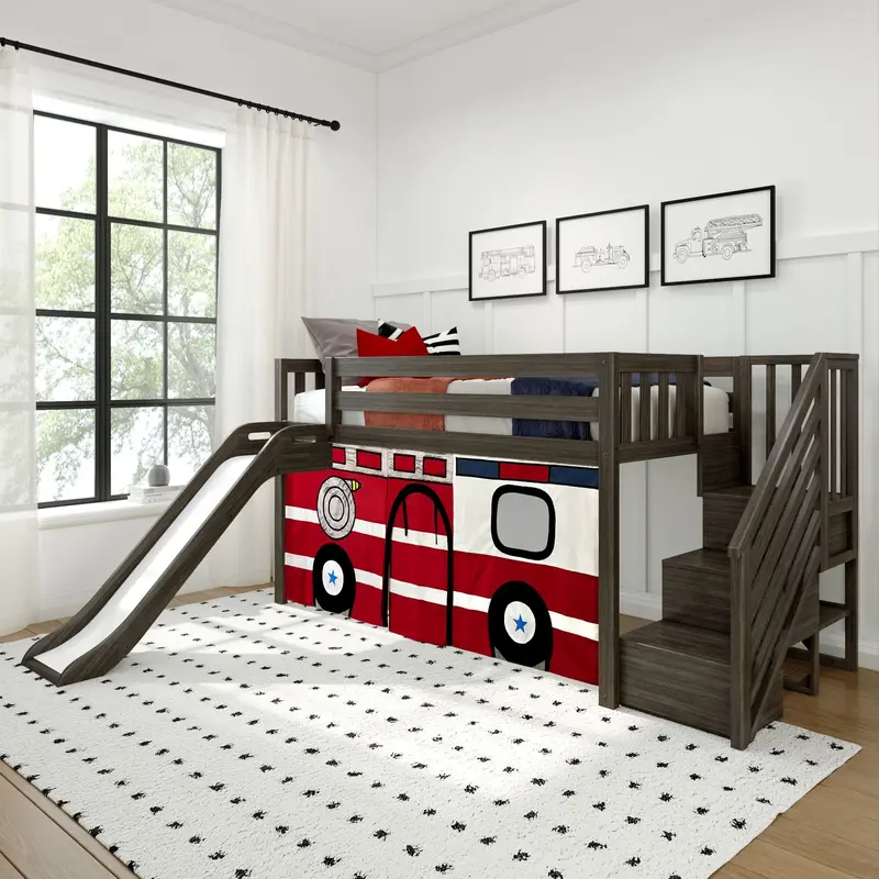 Twin Loft Bed With Stairs, Slide, And Firetruck Curtain 1