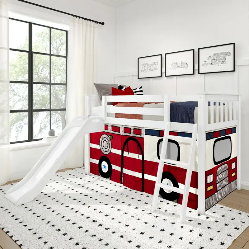 Twin Low Loft Bed With Slide And Firetruck-Themed Curtain 1