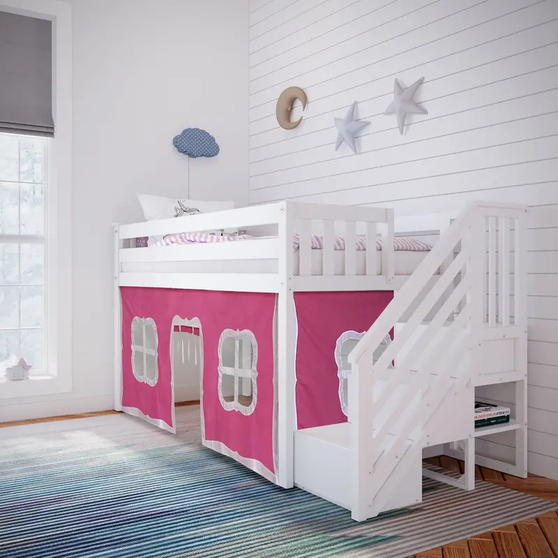 Twin Low Loft Bed With Staircase Access And Privacy Curtain 1