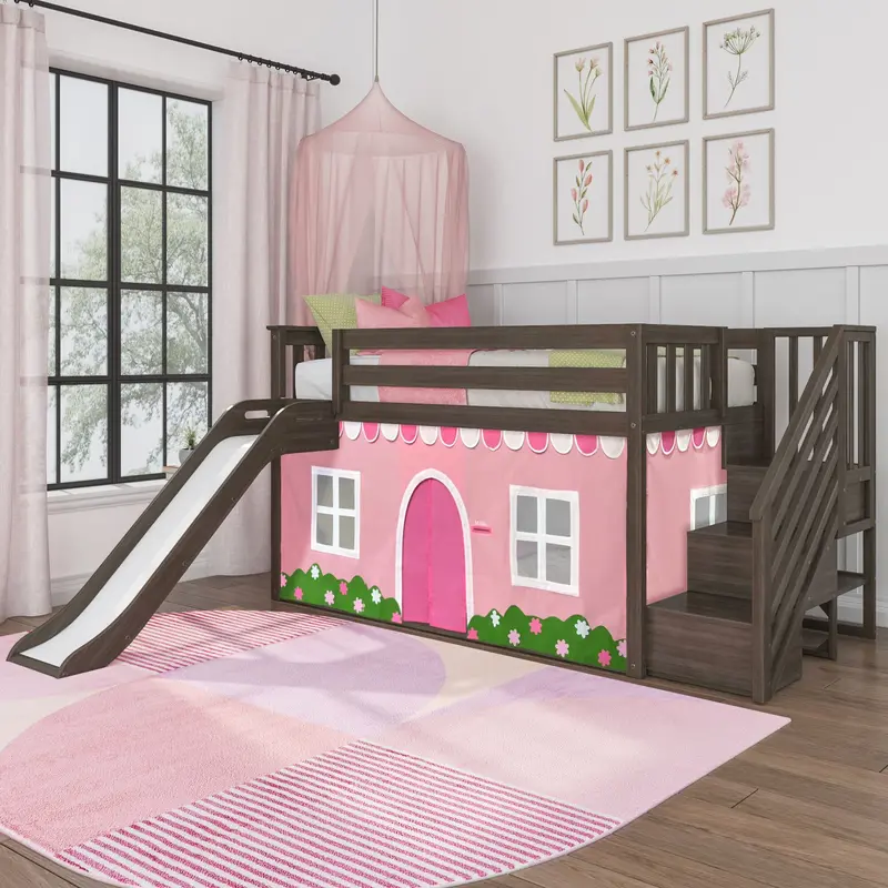 Twin Low Loft Bed With Stairs, Slide, And Pink-And-White Farmhouse Curtain 1
