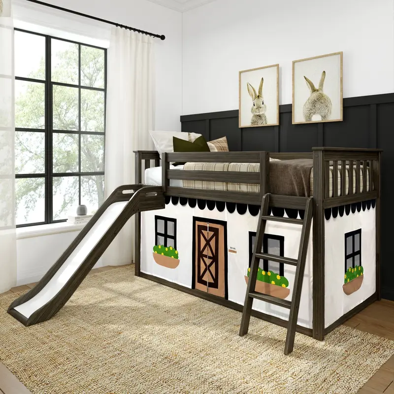 Twin-Over-Twin Low Bunk Bed With Play Slide And Privacy Curtain (Bundle) 1