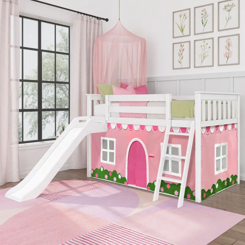 Twin-Over-Twin Low Bunk With Slide And Pink-And-White Farmhouse Curtain 1
