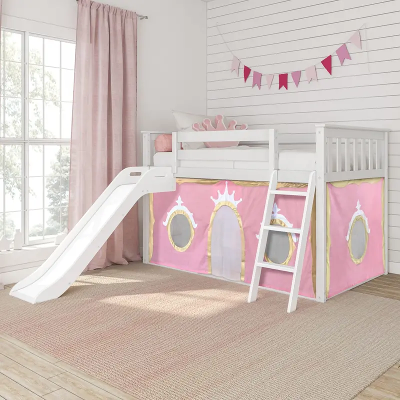 Twin-Over-Twin Low Bunk With Slide And Princess-Themed Curtain 1