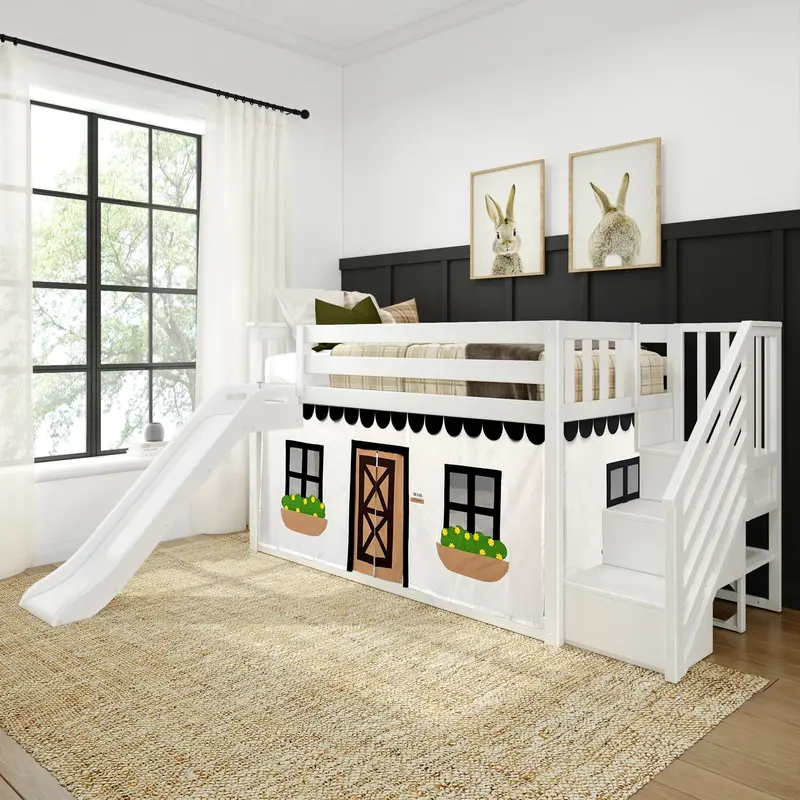 Twin-Over-Twin Low Bunk With Stairs, Slide, And Farmhouse Black-And-White Curtain 1