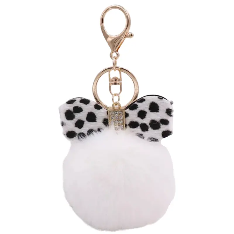 White Bow-Topped Pom-Pom Bag Keychain With Rhinestones 1