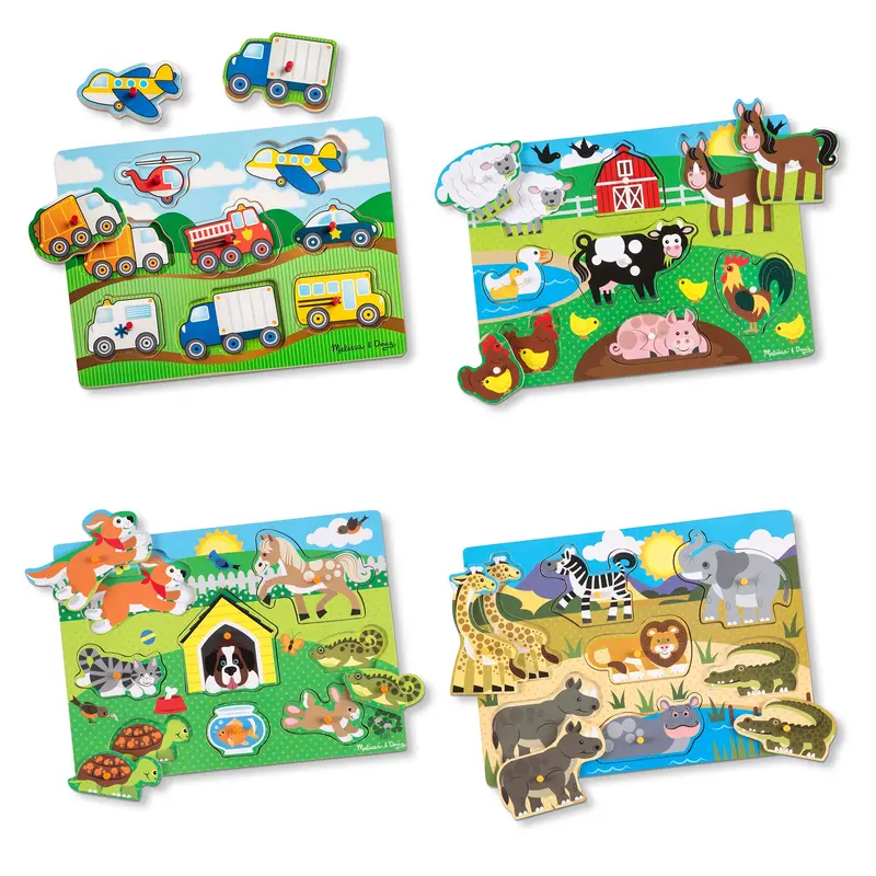 Wooden Peg Puzzle Quartet – Vehicles, Farm, Safari & Pets Themed Sets 1