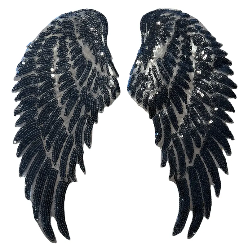 Xl Wing-Shaped Sequin Iron-On Patch Set – Black Design 1